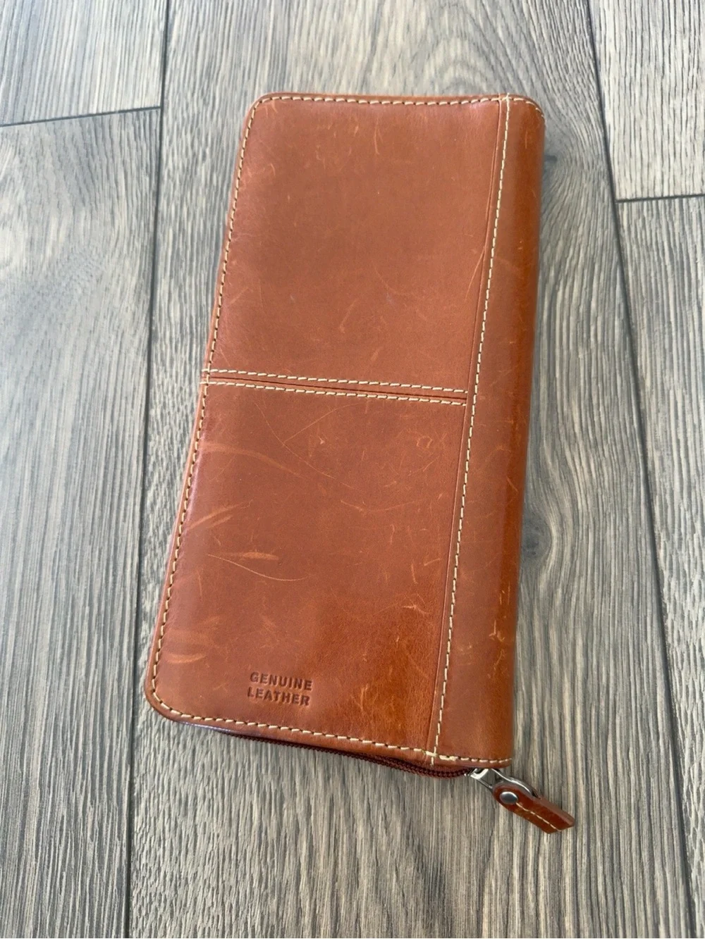 Fossil Genuine Leather Zip Around Passport Travel Organizer Wallet Brown